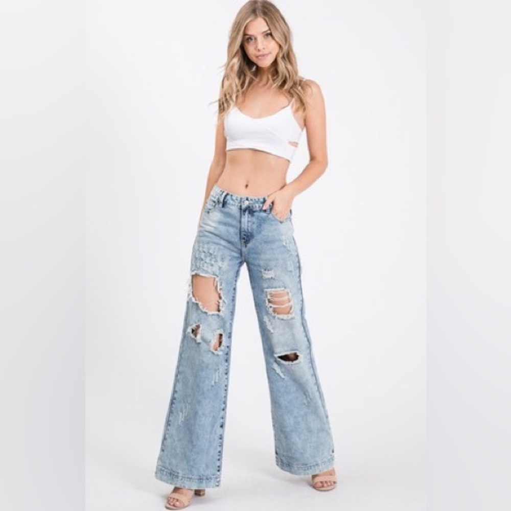 Wide Leg Distressed Acid Wash Denim